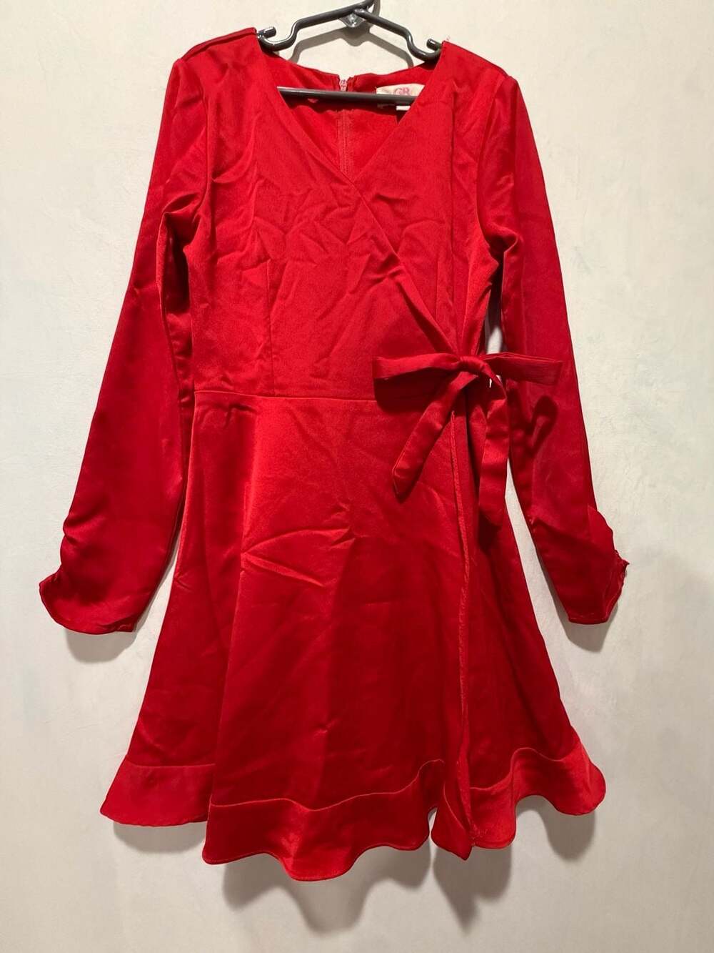 GB Girls Wrap Dress Size 10 Red Satin Long Sleeve Tie Ruffle Hem
